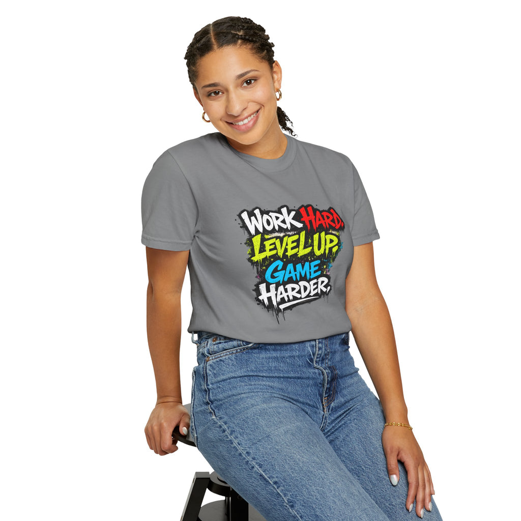 Work Hard Level Up Game Harder T-Shirt — Gamer Motivational Tee