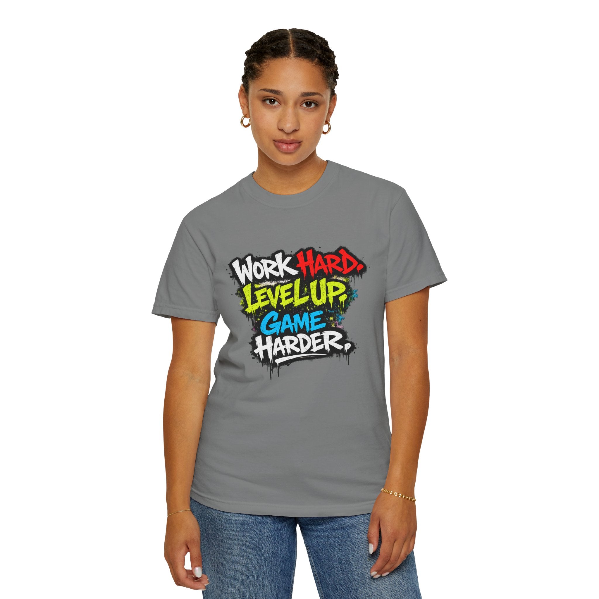 Work Hard Level Up Game Harder T-Shirt — Gamer Motivational Tee