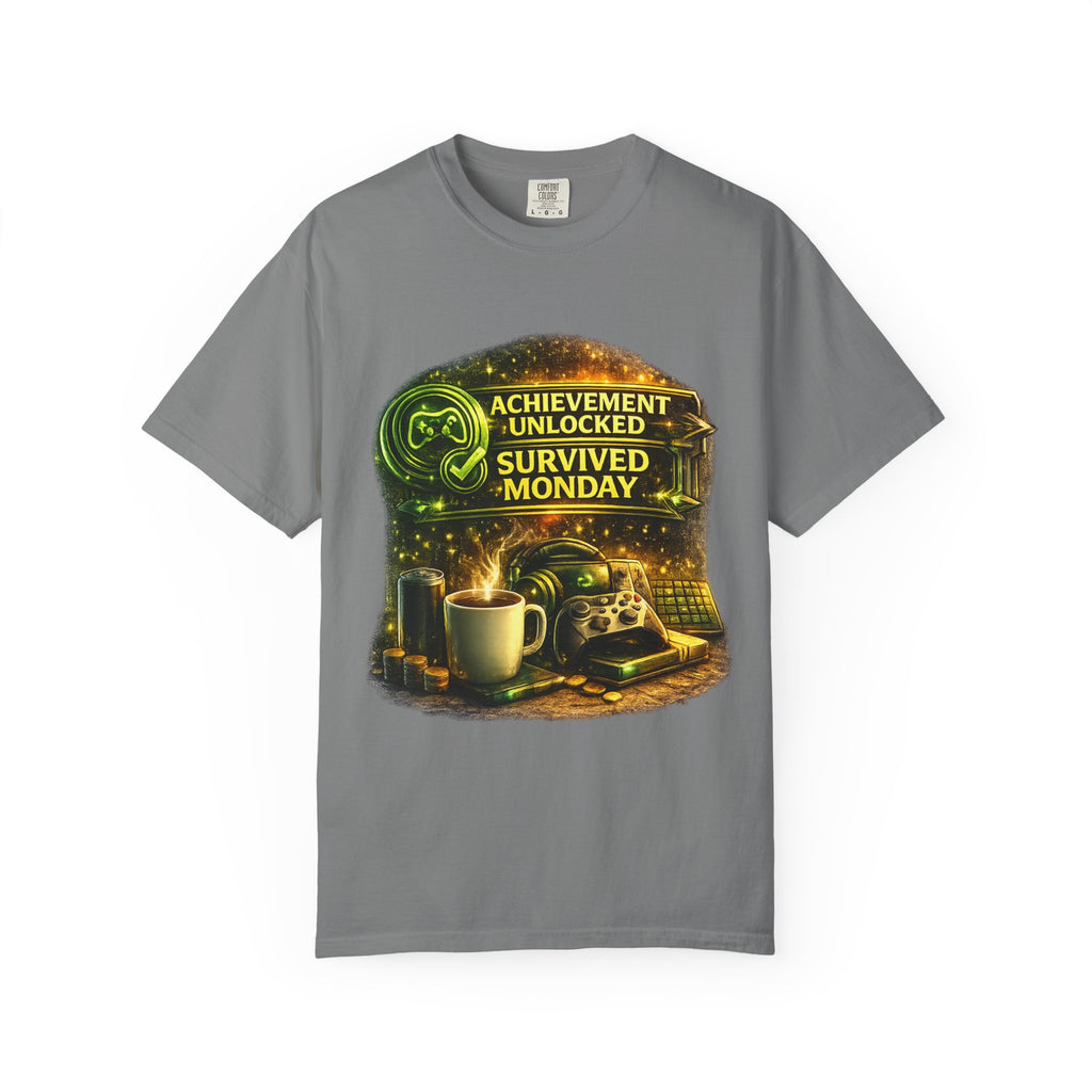 Survived Monday T-Shirt — "Achievement Unlocked" Coffee Gamer Tee