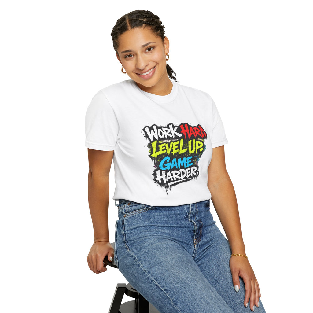 Work Hard Level Up Game Harder T-Shirt — Gamer Motivational Tee