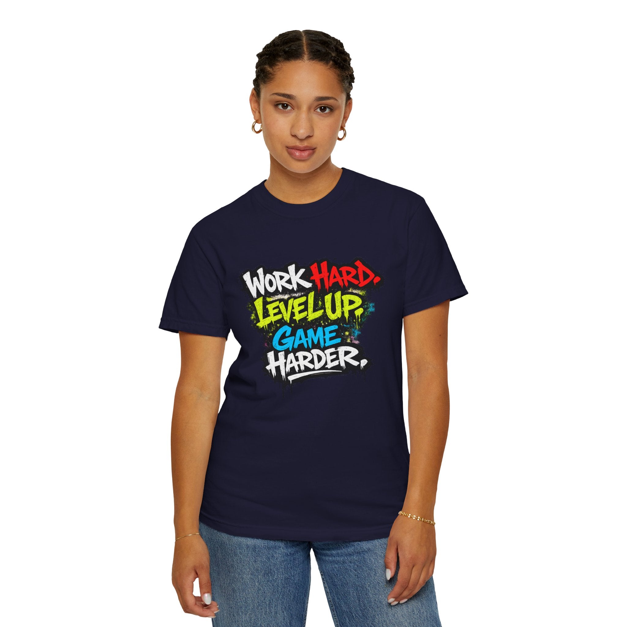 Work Hard Level Up Game Harder T-Shirt — Gamer Motivational Tee
