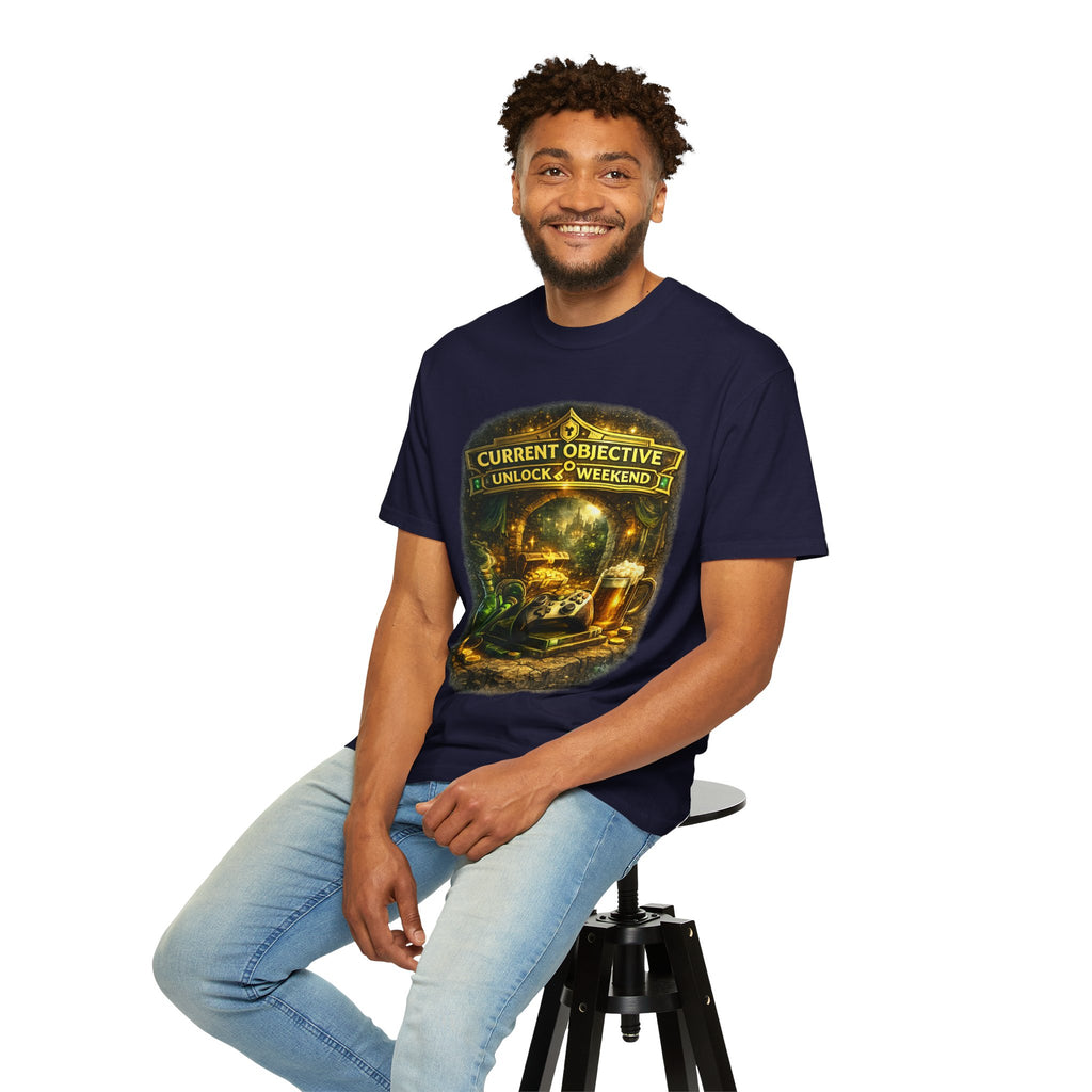 T-Shirt — “Current Objective: Unlock Weekend” Adventure Gaming Tee