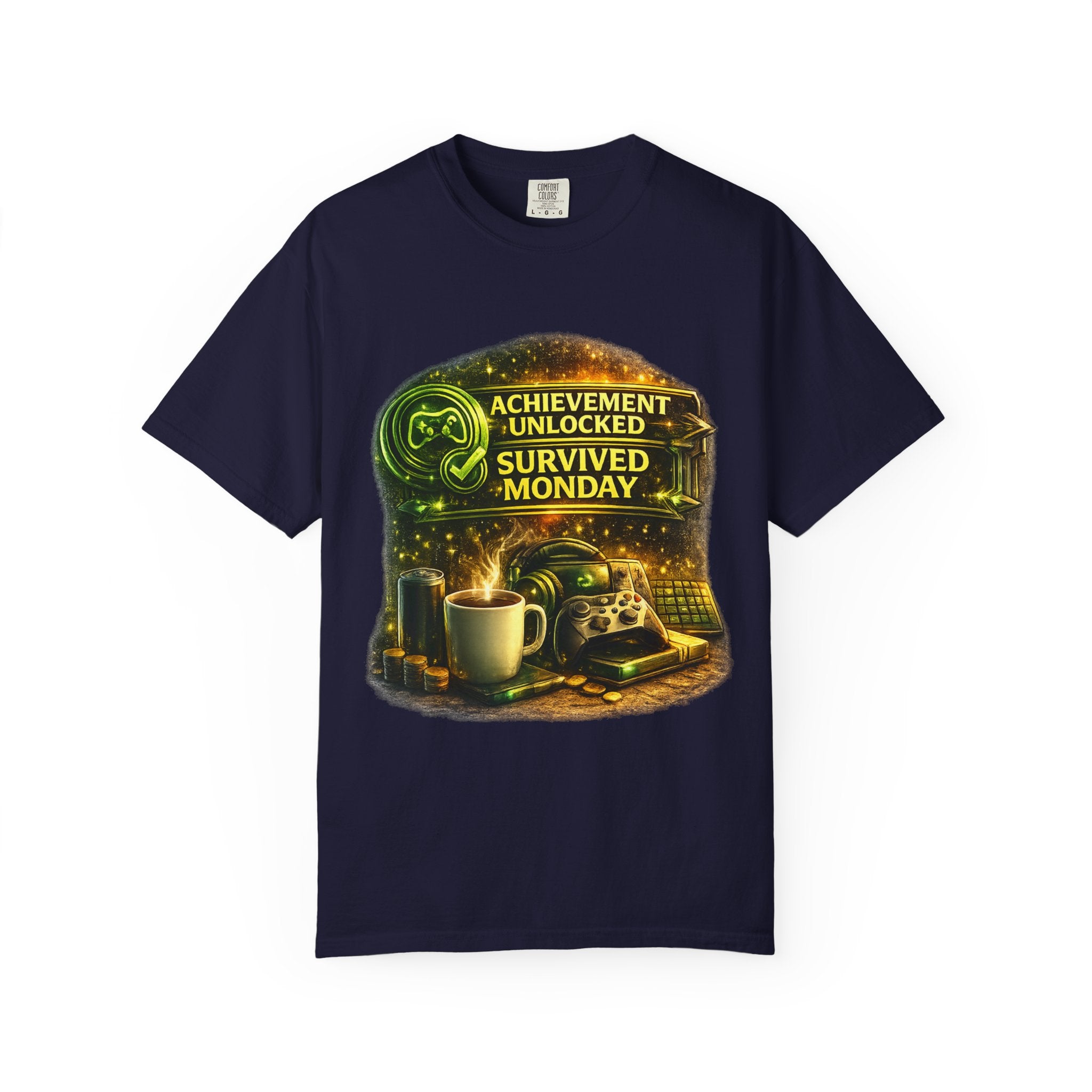 Survived Monday T-Shirt — "Achievement Unlocked" Coffee Gamer Tee
