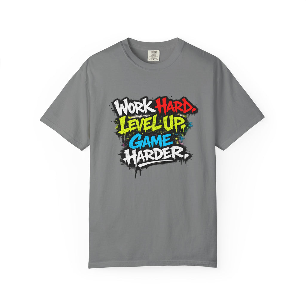 Work Hard Level Up Game Harder T-Shirt — Gamer Motivational Tee