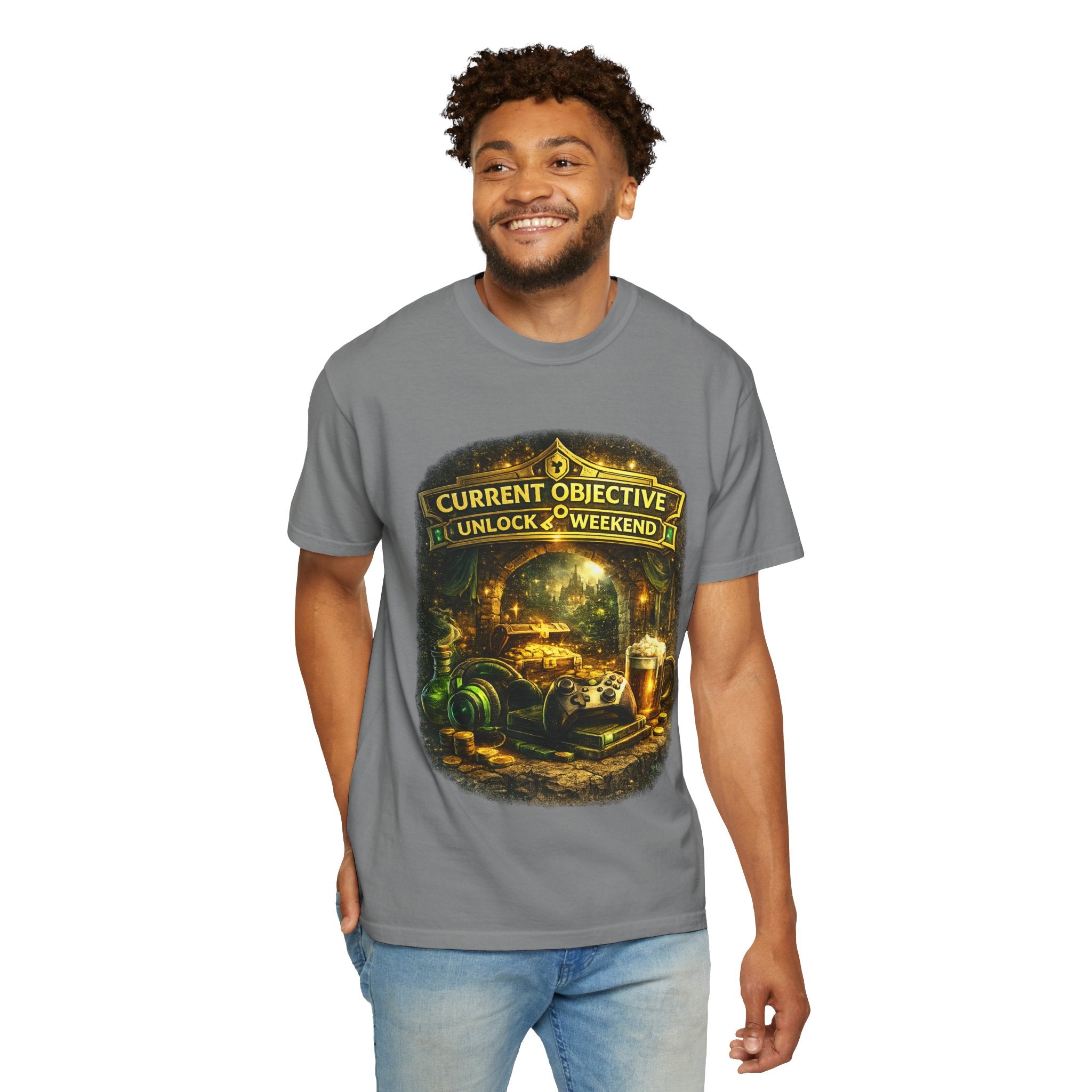 T-Shirt — “Current Objective: Unlock Weekend” Adventure Gaming Tee