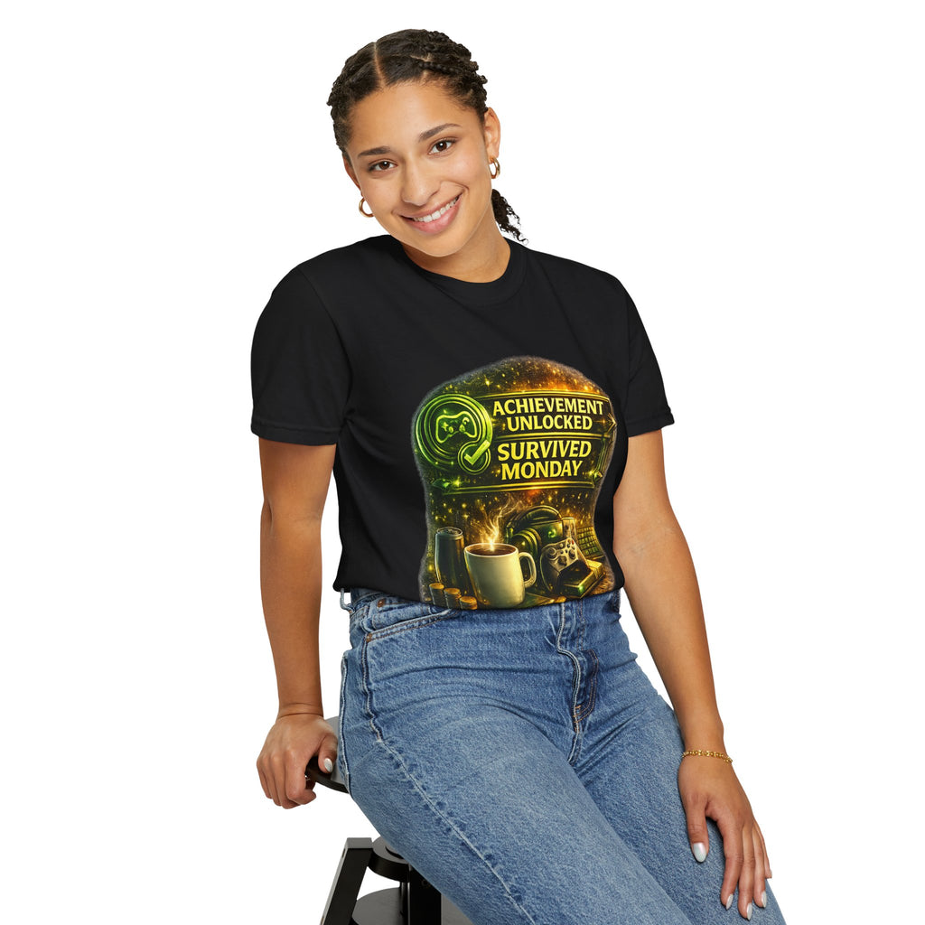 Survived Monday T-Shirt — "Achievement Unlocked" Coffee Gamer Tee