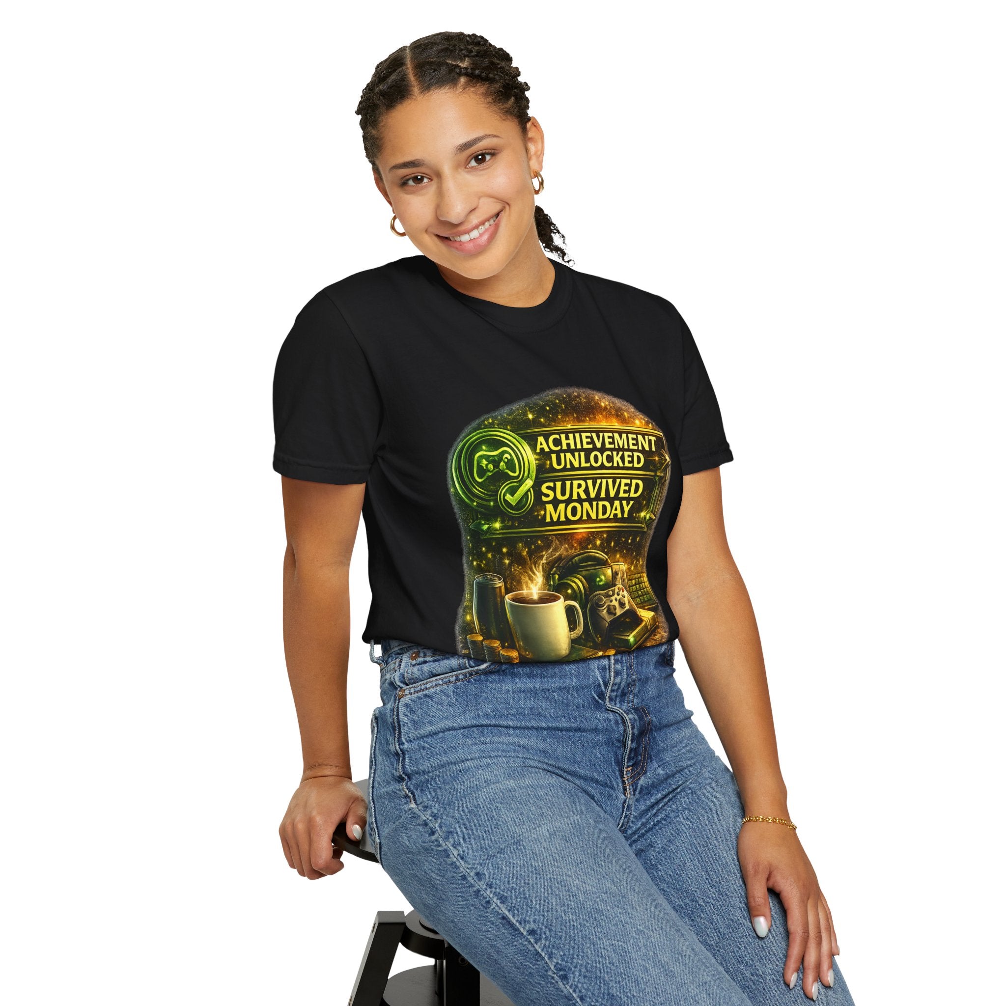 Survived Monday T-Shirt — "Achievement Unlocked" Coffee Gamer Tee