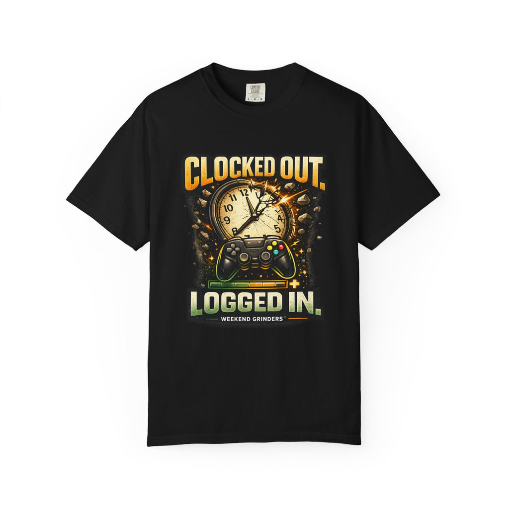 Clocked Out, Logged In T-Shirt – Gamer Controller & Clock Graphic Tee
