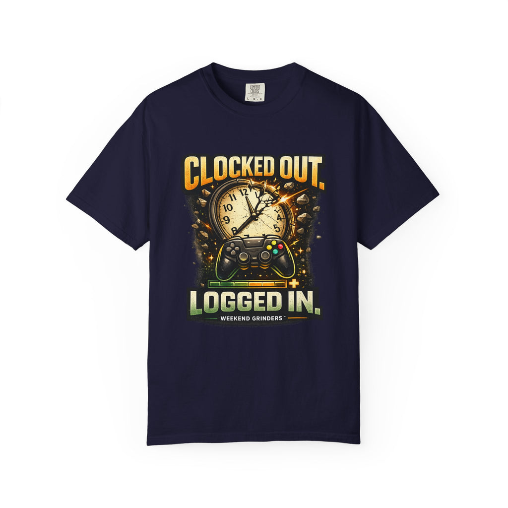 Clocked Out, Logged In T-Shirt – Gamer Controller & Clock Graphic Tee