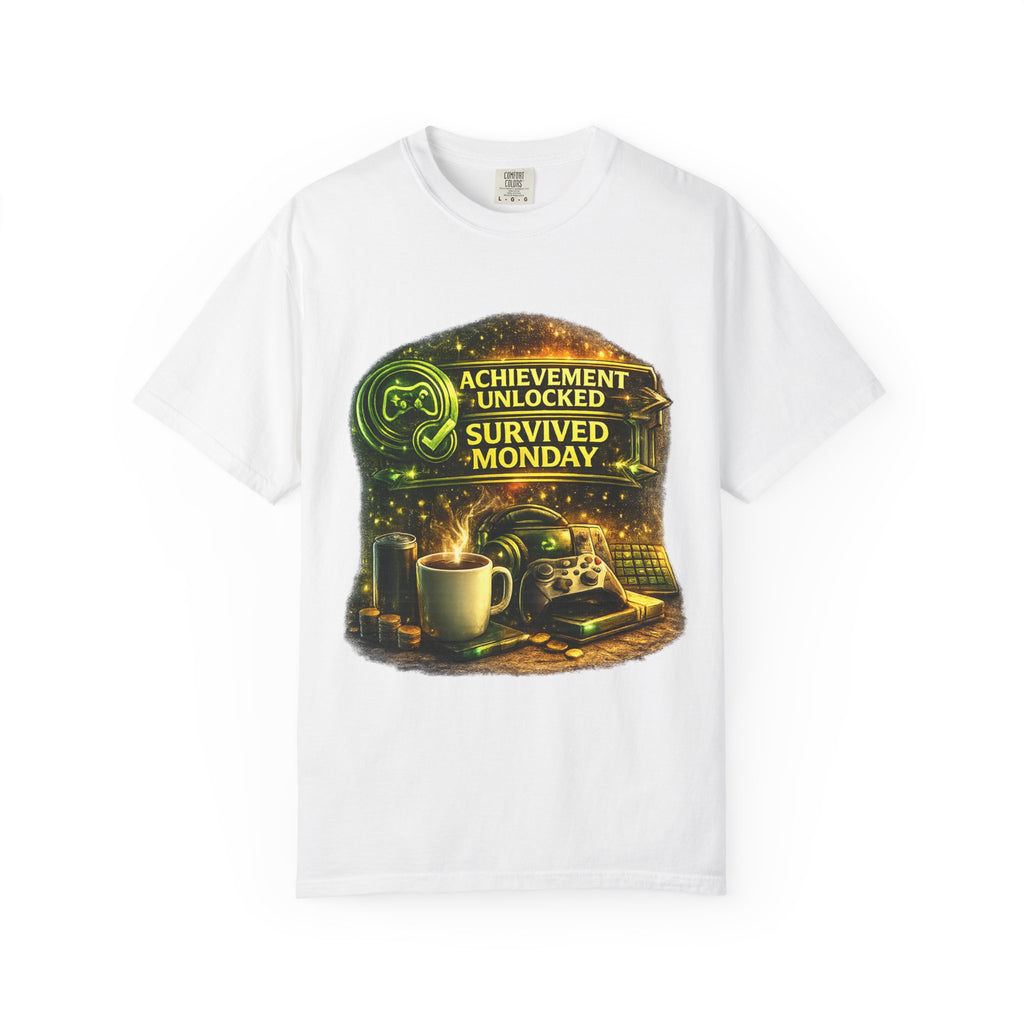 Survived Monday T-Shirt — "Achievement Unlocked" Coffee Gamer Tee