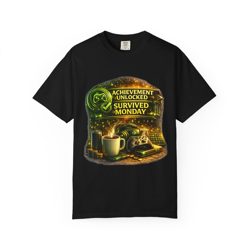 Survived Monday T-Shirt — "Achievement Unlocked" Coffee Gamer Tee