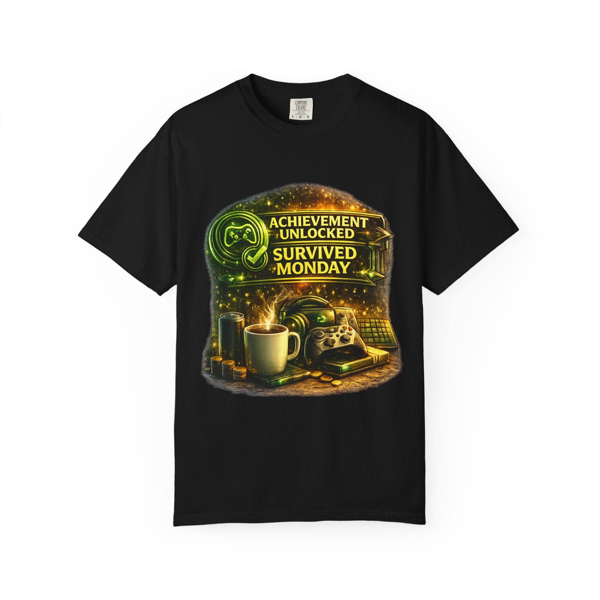 Survived Monday T-Shirt — "Achievement Unlocked" Coffee Gamer Tee