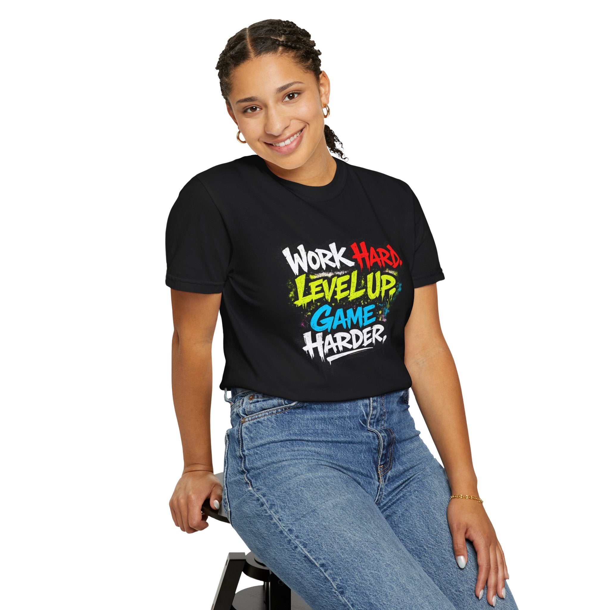Work Hard Level Up Game Harder T-Shirt — Gamer Motivational Tee