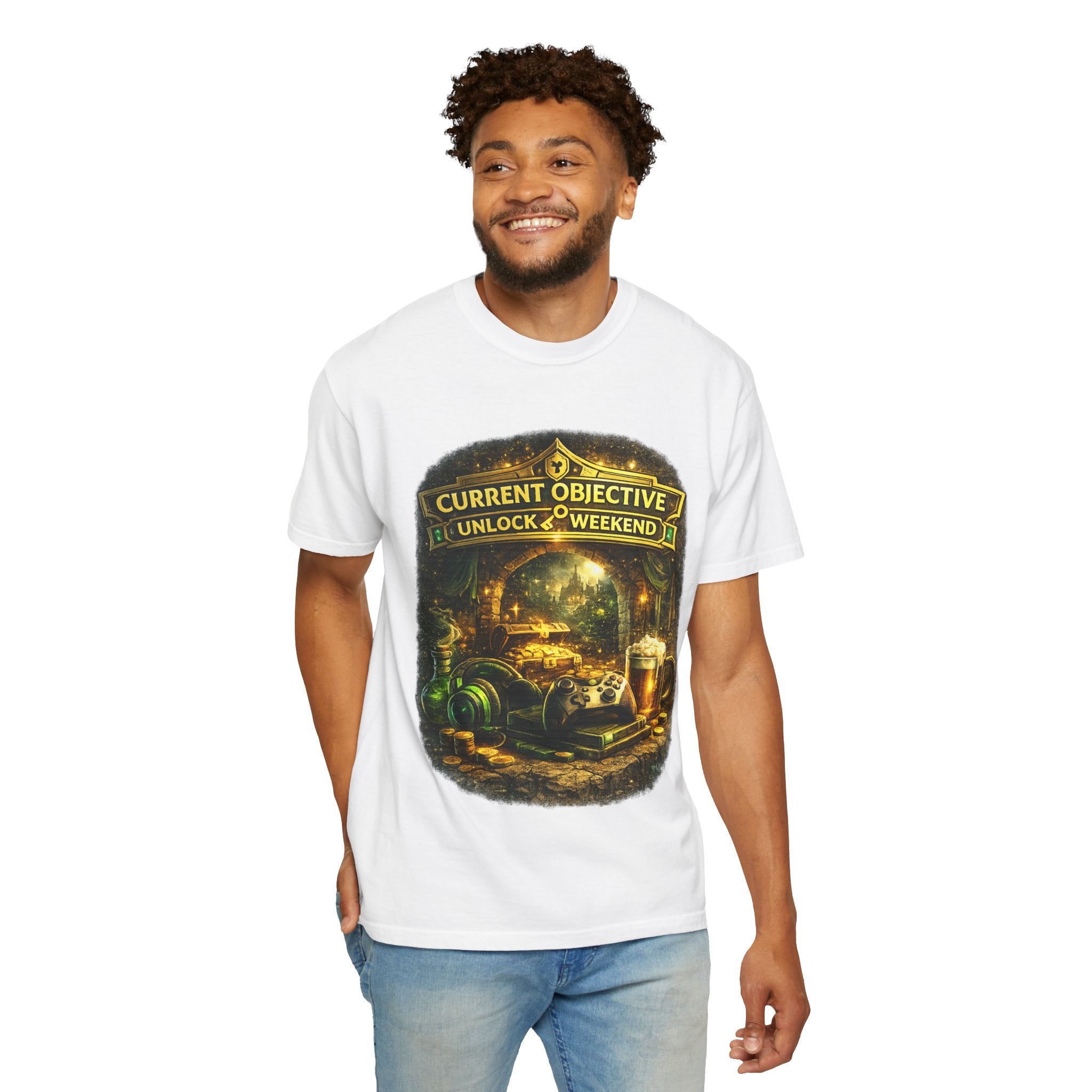 T-Shirt — “Current Objective: Unlock Weekend” Adventure Gaming Tee