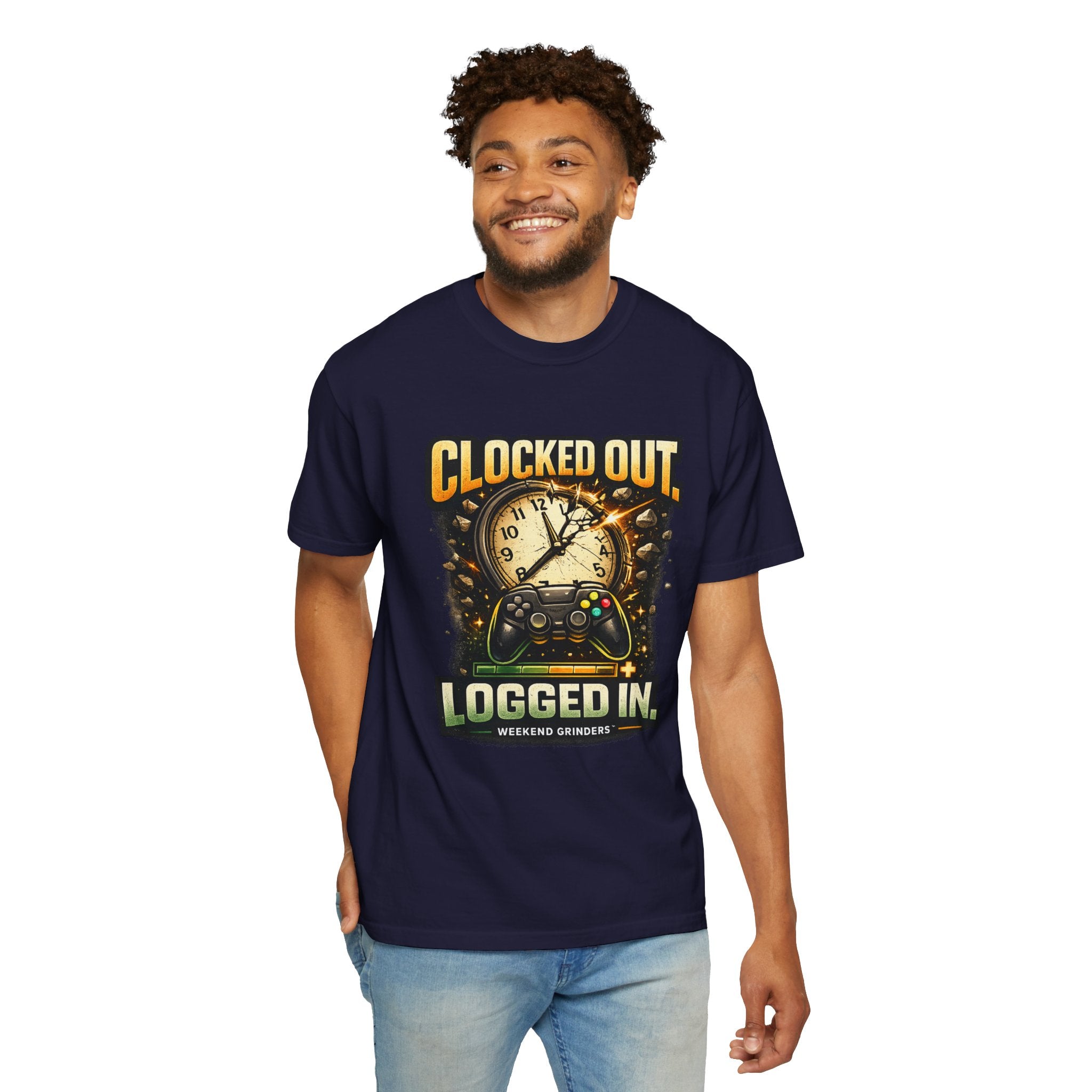Clocked Out, Logged In T-Shirt – Gamer Controller & Clock Graphic Tee