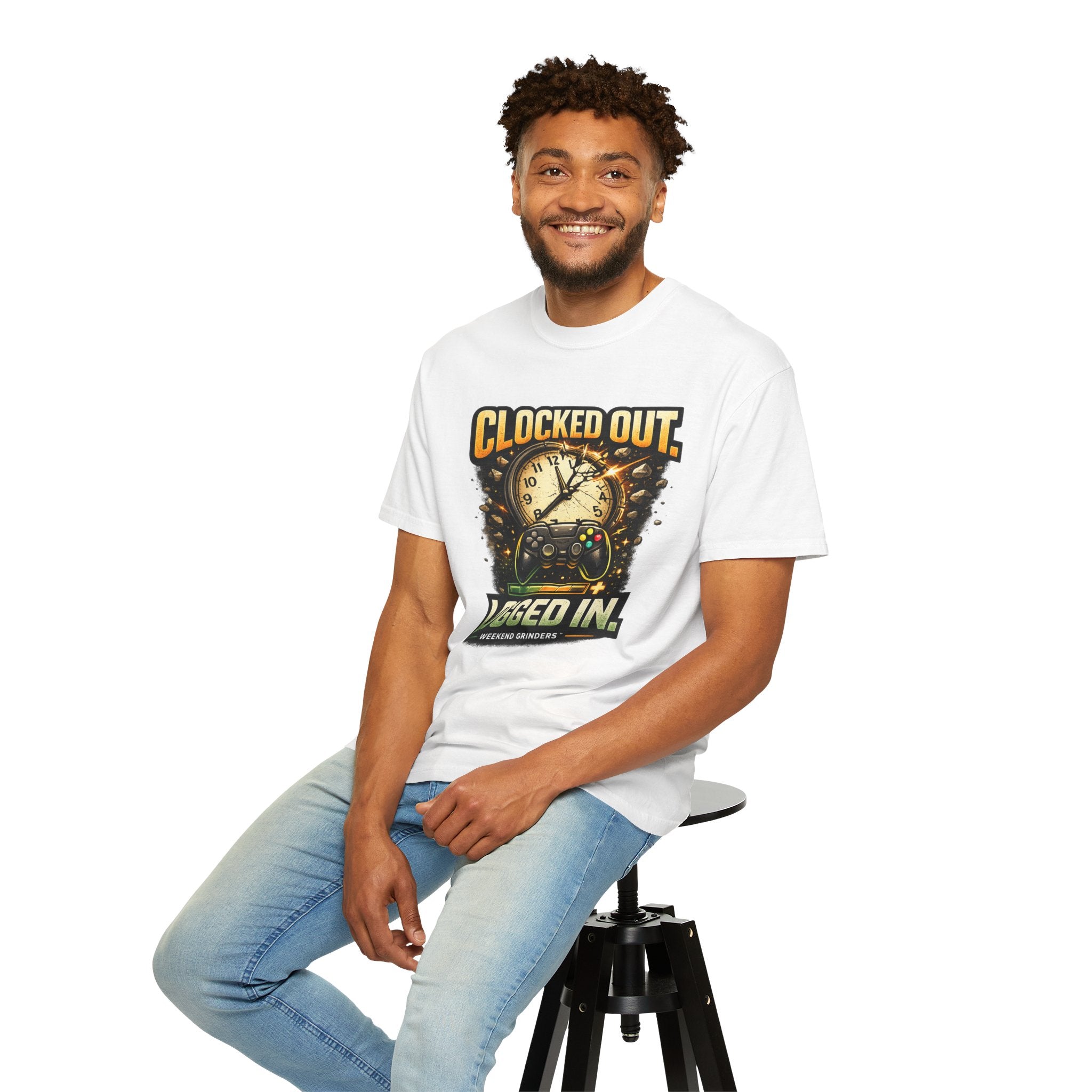 Clocked Out, Logged In T-Shirt – Gamer Controller & Clock Graphic Tee