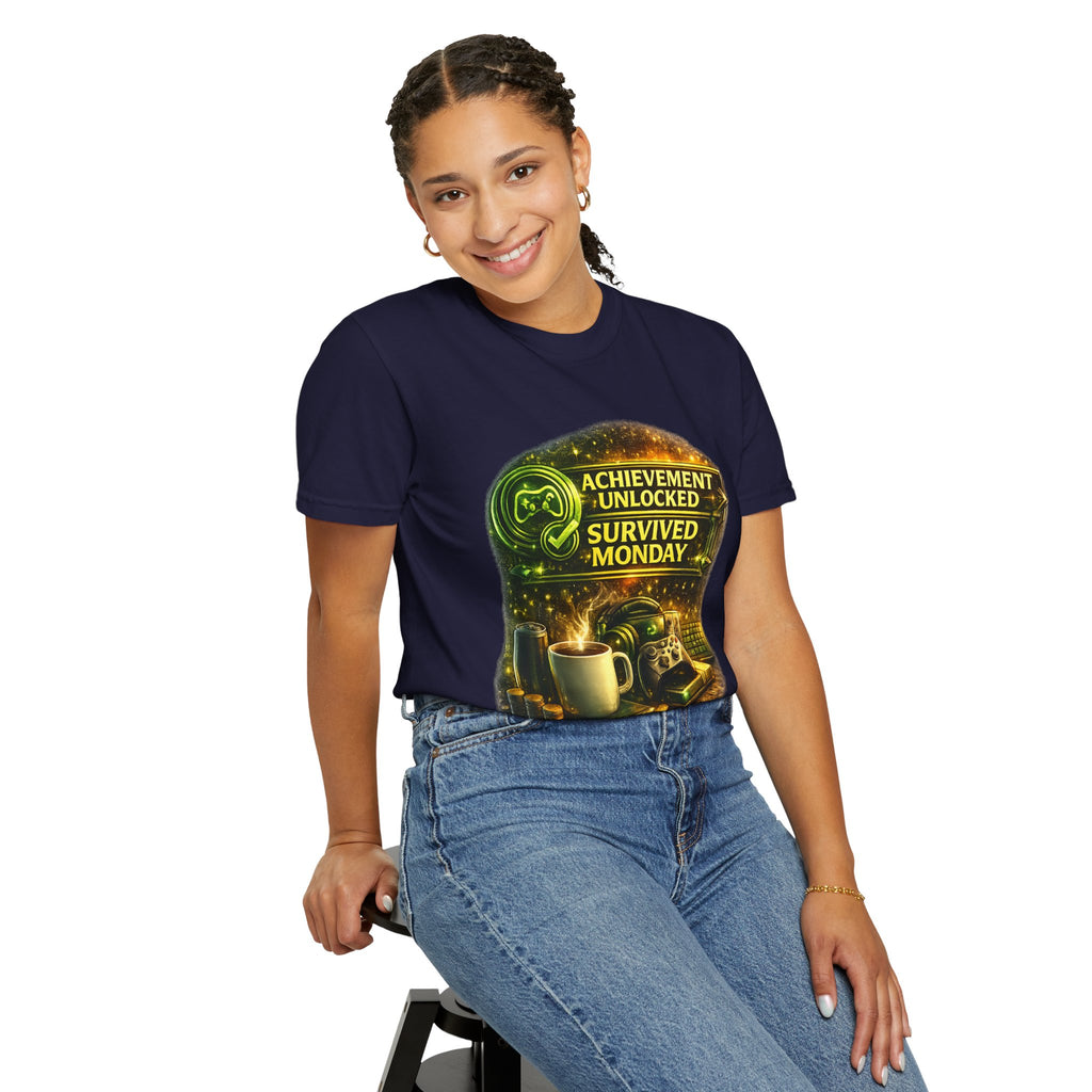 Survived Monday T-Shirt — "Achievement Unlocked" Coffee Gamer Tee