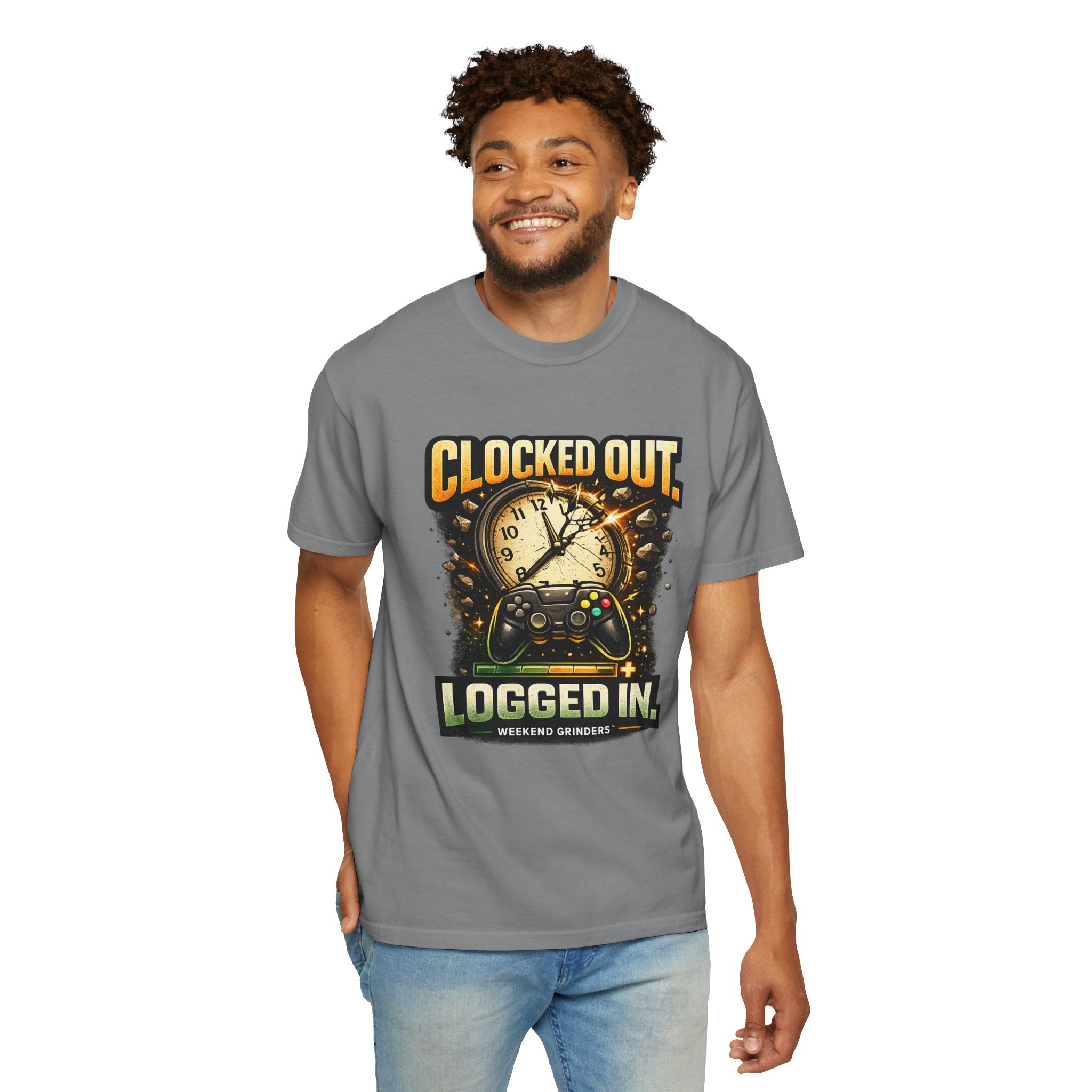 Clocked Out, Logged In T-Shirt – Gamer Controller & Clock Graphic Tee