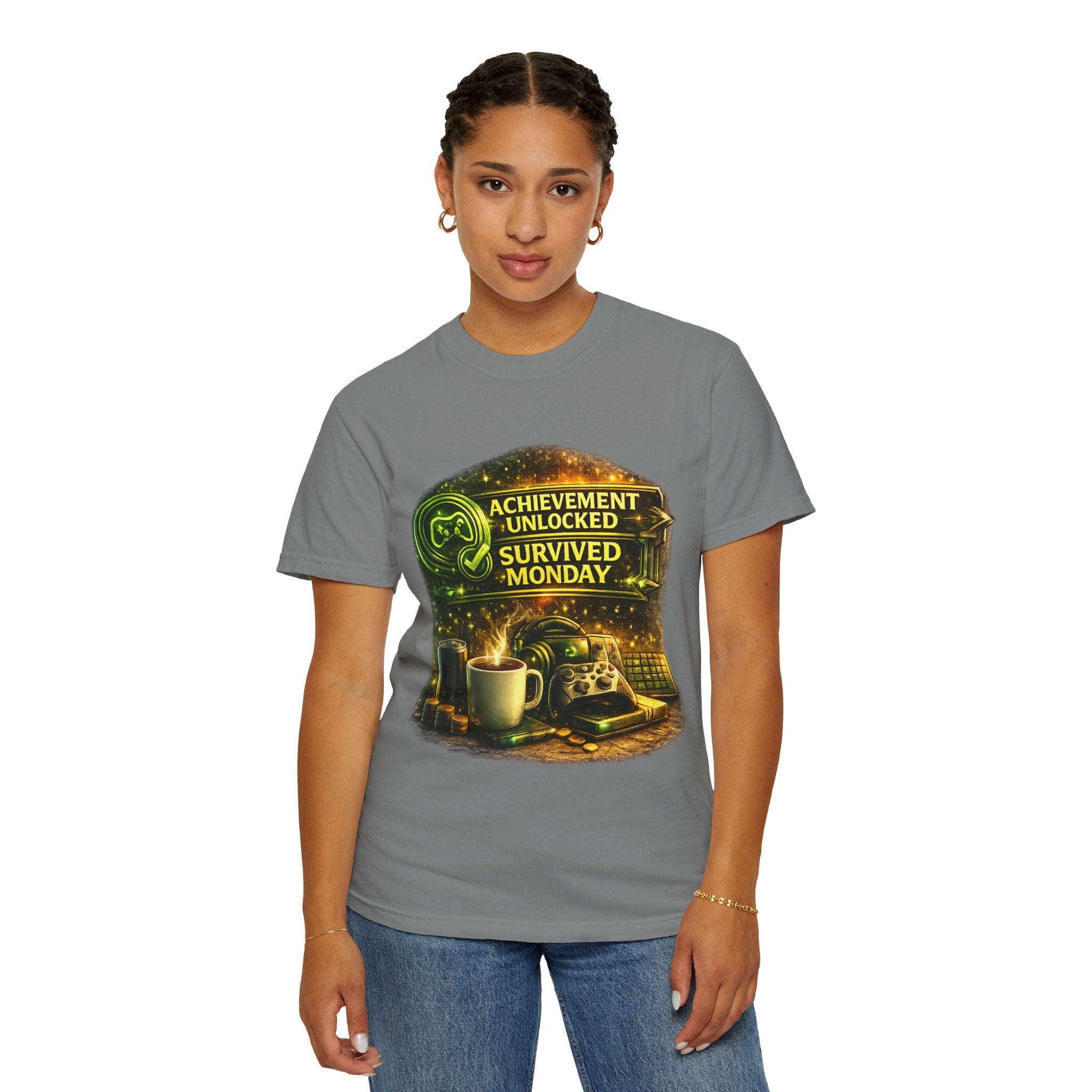 Survived Monday T-Shirt — "Achievement Unlocked" Coffee Gamer Tee