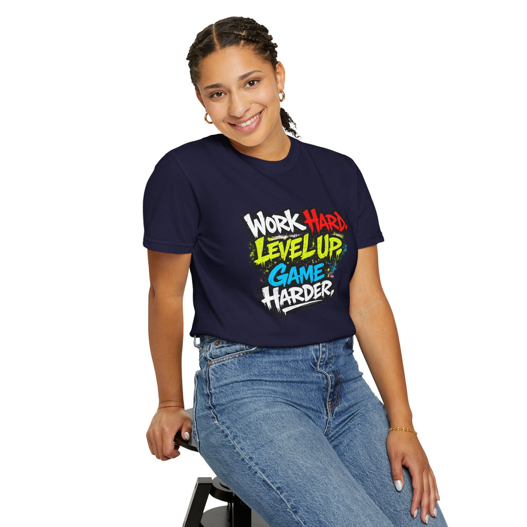 Work Hard Level Up Game Harder T-Shirt — Gamer Motivational Tee