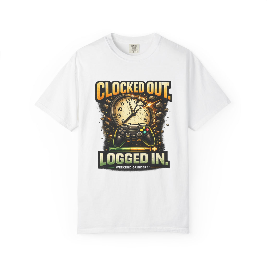 Clocked Out, Logged In T-Shirt – Gamer Controller & Clock Graphic Tee