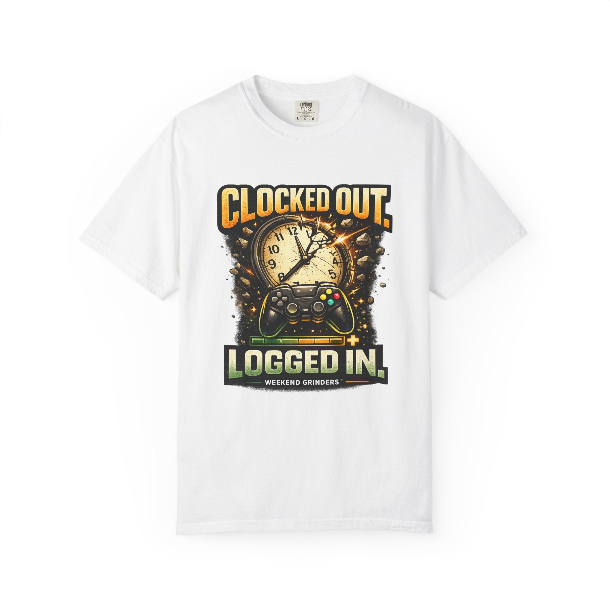 Clocked Out, Logged In T-Shirt – Gamer Controller & Clock Graphic Tee