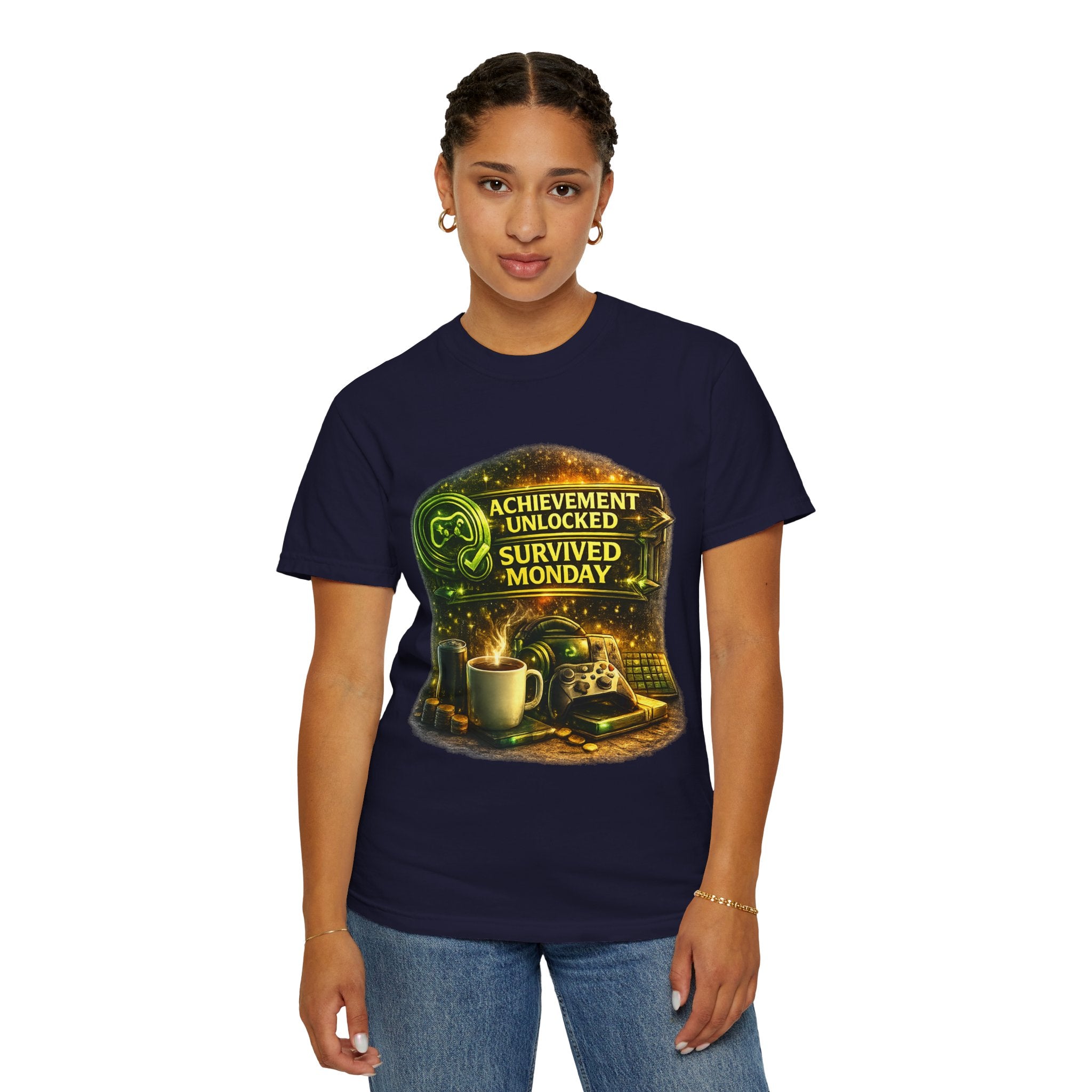 Survived Monday T-Shirt — "Achievement Unlocked" Coffee Gamer Tee