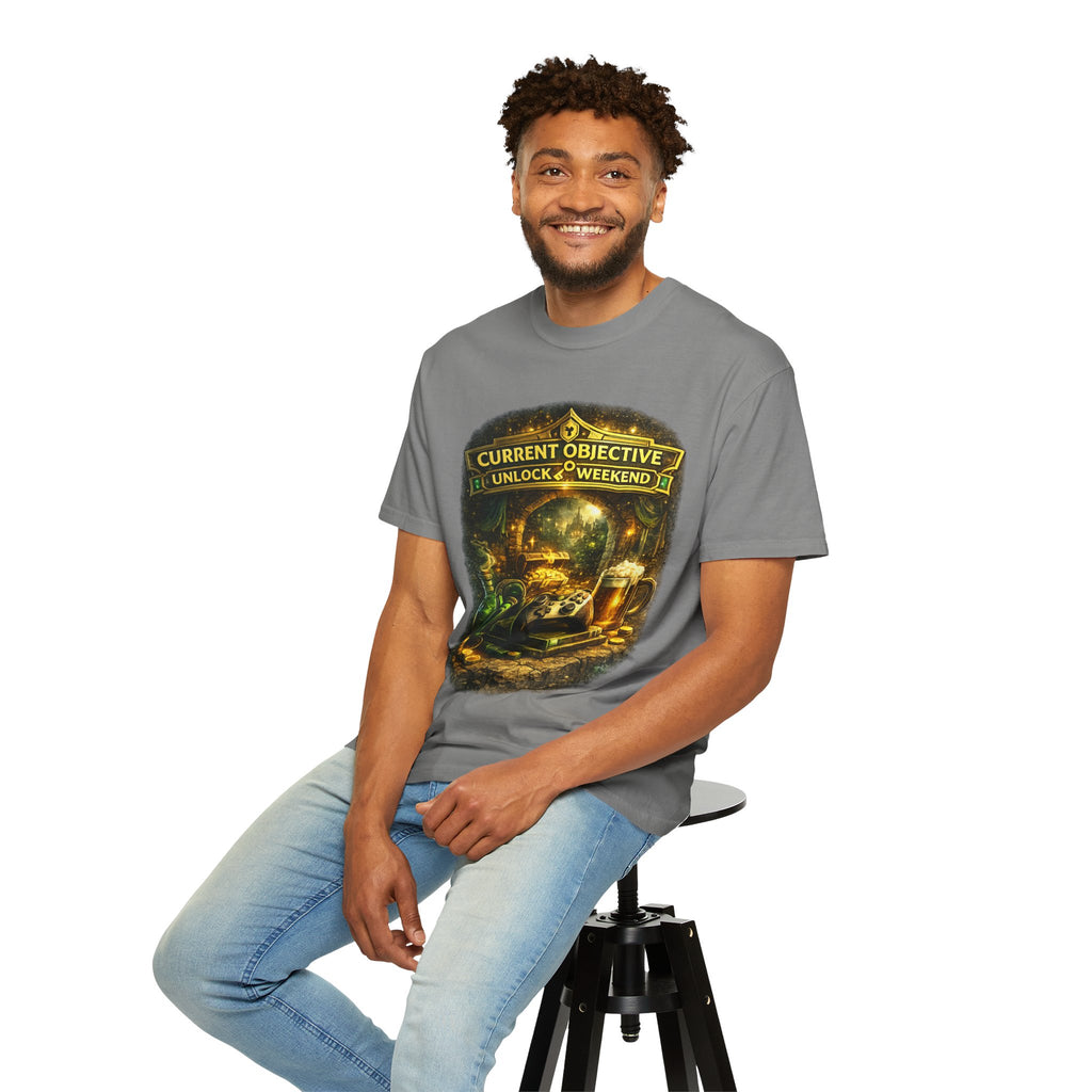 T-Shirt — “Current Objective: Unlock Weekend” Adventure Gaming Tee