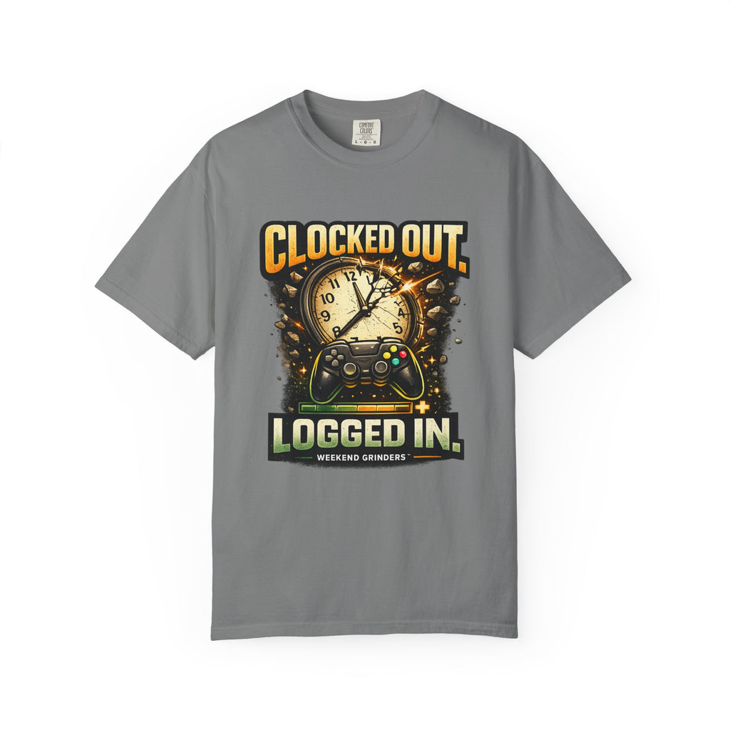 Clocked Out, Logged In T-Shirt – Gamer Controller & Clock Graphic Tee