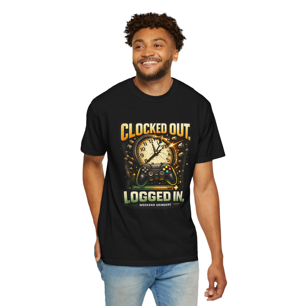 Clocked Out, Logged In T-Shirt – Gamer Controller & Clock Graphic Tee