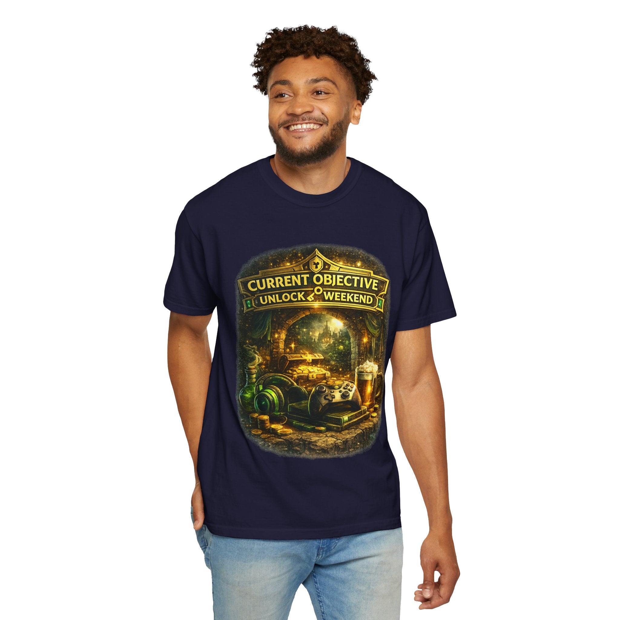 T-Shirt — “Current Objective: Unlock Weekend” Adventure Gaming Tee