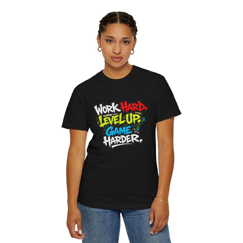 Work Hard Level Up Game Harder T-Shirt — Gamer Motivational Tee
