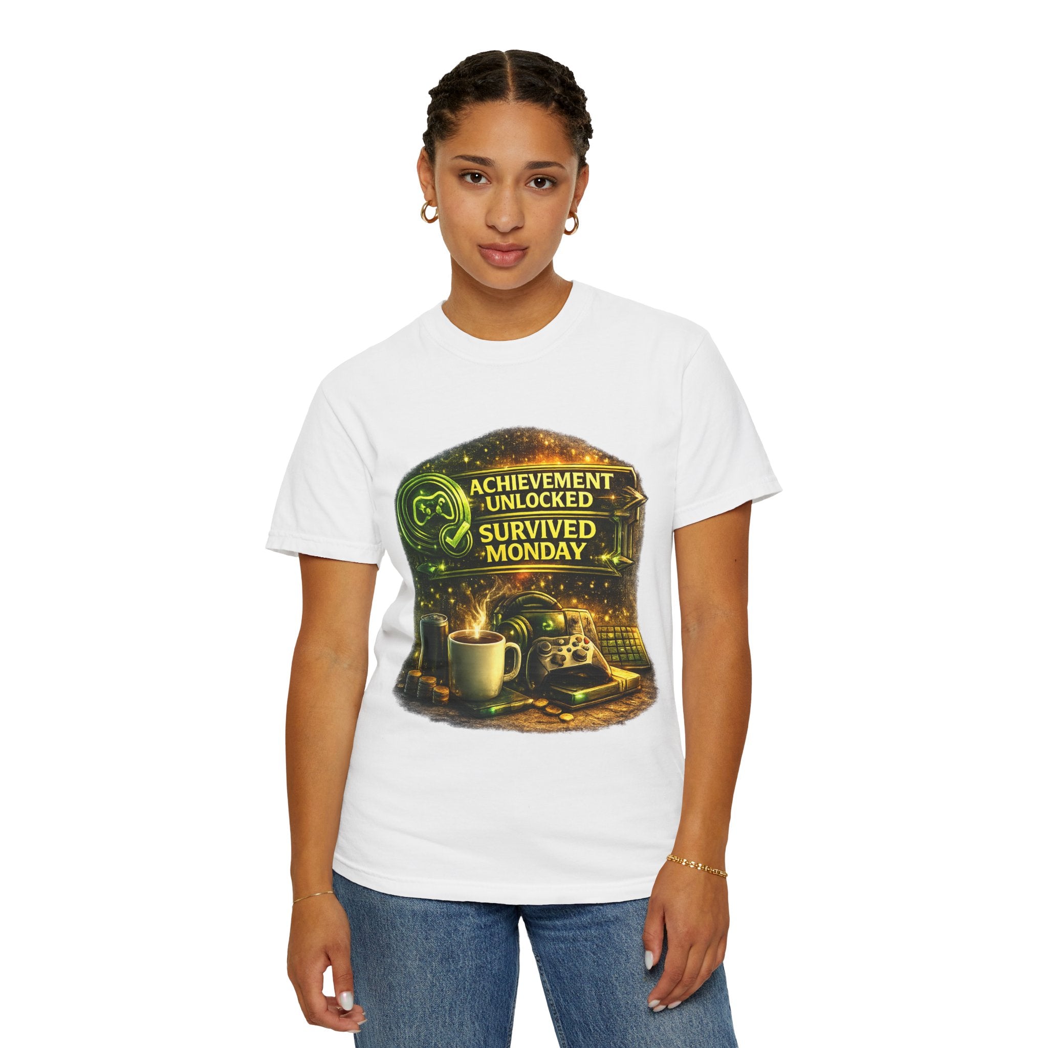 Survived Monday T-Shirt — "Achievement Unlocked" Coffee Gamer Tee
