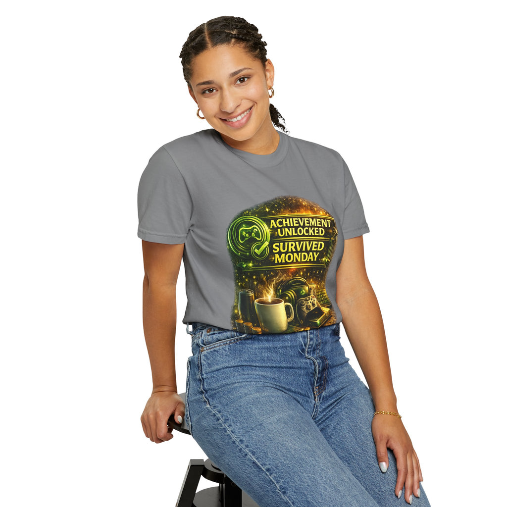 Survived Monday T-Shirt — "Achievement Unlocked" Coffee Gamer Tee