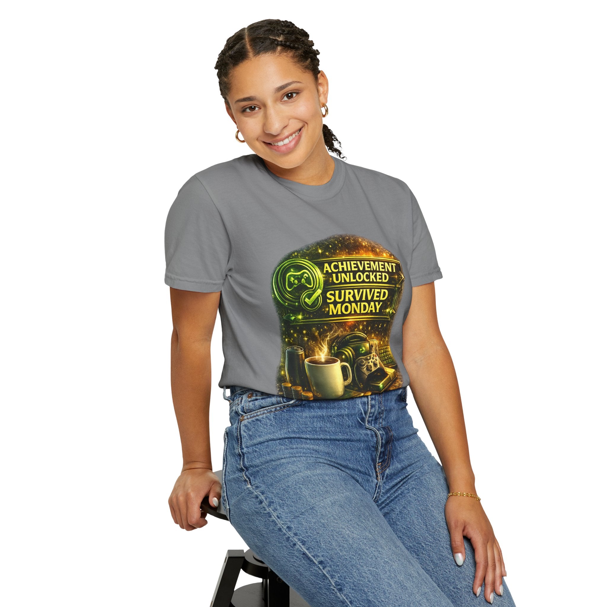 Survived Monday T-Shirt — "Achievement Unlocked" Coffee Gamer Tee